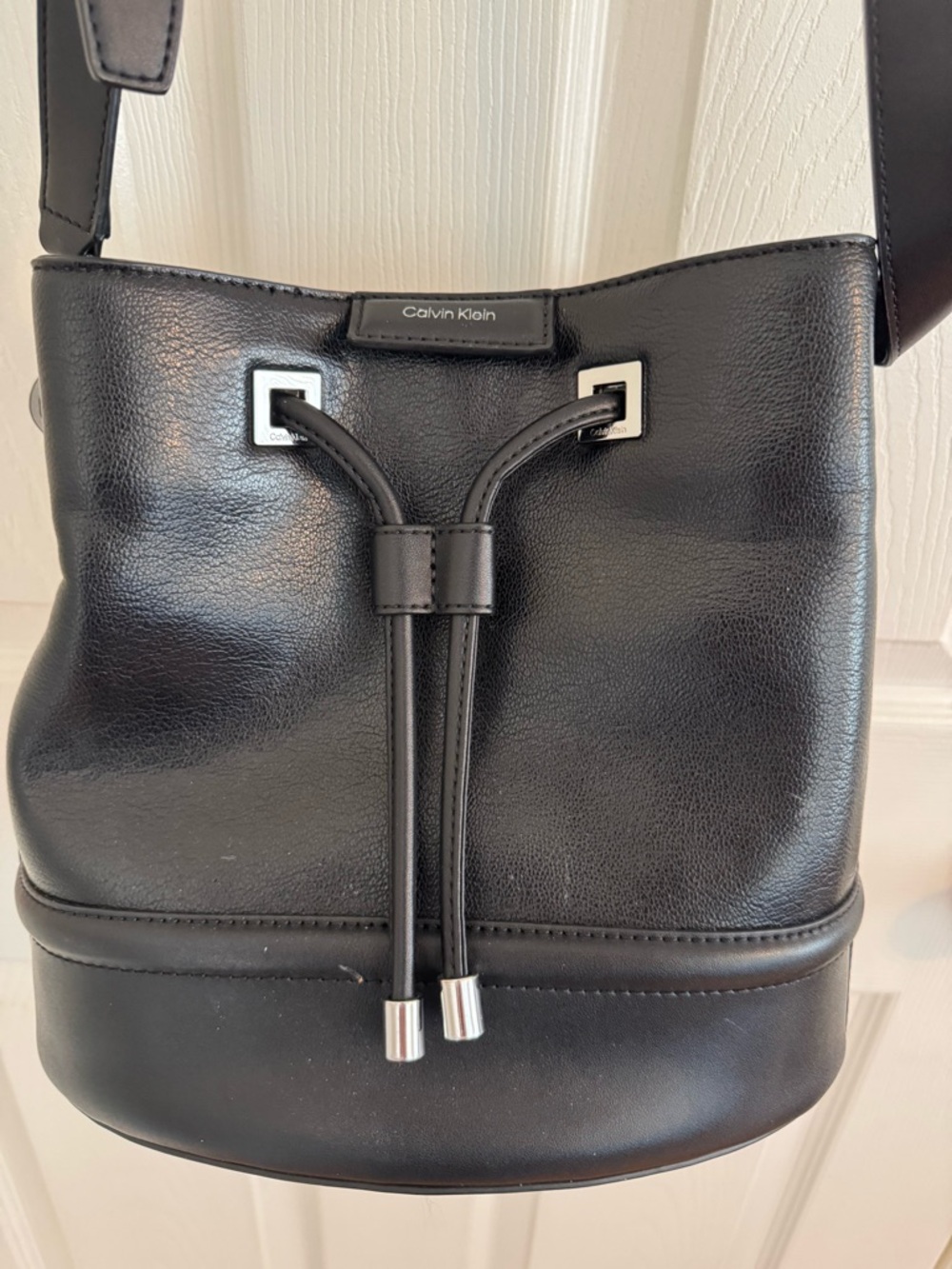 Calvin Klein Ash Drawstring Bucket Crossbody Bag in Black with Silver Hardware - Picture 2 of 13